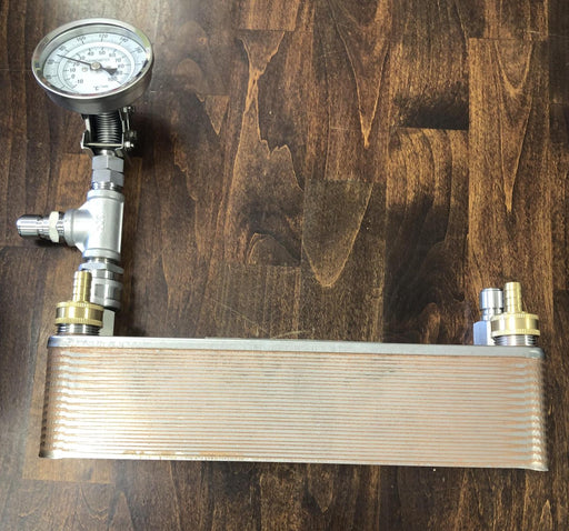 Plate Wort Chiller with Quick Connect Set up and In Line Thermometer with Water Connections