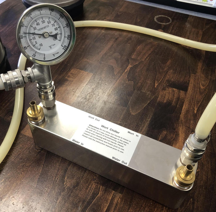 Plate Wort Chiller with Quick Connect Set up and In Line Thermometer with Water Connections and Example of High Temp Hose Connections